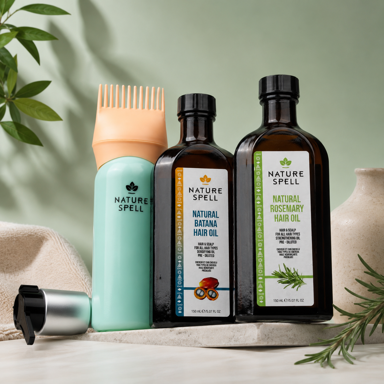 Batana & Rosemary Hair Care Set with Pump and Oil Applicator